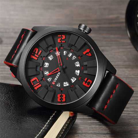 CURREN Military Sport Quartz watch Men Black Fashion Casual Army Top Brand Luxury Leather Quartz-Watch Male Clock red - one46.com.au