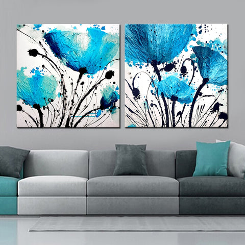 2 Panel Modern bule Flower Abstract Print Frameless Canvas Art Oil Painting Home Decoration Modular Picture for Living Room Wall - one46.com.au