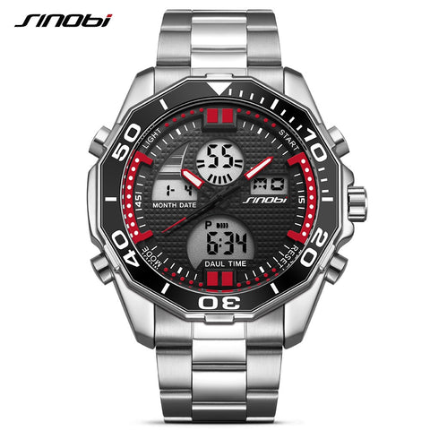 SINOBI Top Brand Dual Display Sport Men's Watch Men Watch Full Steel Fashion Wrist watches LED Digital Watch Clock reloj hombre - one46.com.au