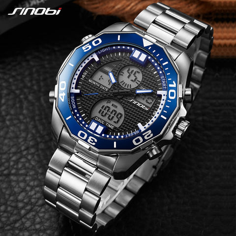 SINOBI Dual Display Wrist watches LED Digital Men's Watch Men Watch Full Steel Waterproof Sport Watches Clock saat reloj hombre - one46.com.au