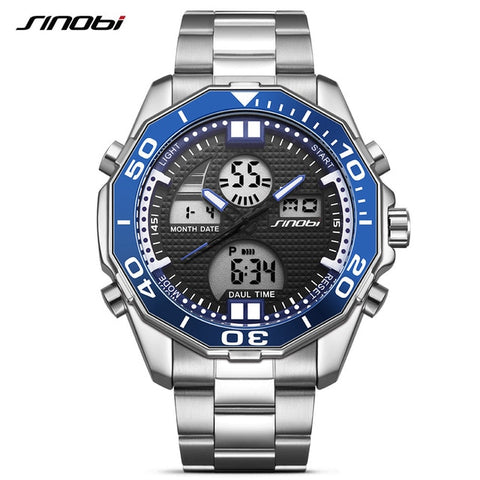 SINOBI Dual Display Wrist watches LED Digital Men's Watch Men Watch Full Steel Waterproof Sport Watches Clock saat reloj hombre - one46.com.au