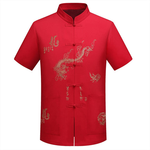 Red Black Men's Cotton Shirt Top Traditional Vintage Short Sleeve Kung Fu Tang Suit Men Chinese Dragon Printing Shirts Plus Size - one46.com.au