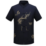 Red Black Men's Cotton Shirt Top Traditional Vintage Short Sleeve Kung Fu Tang Suit Men Chinese Dragon Printing Shirts Plus Size - one46.com.au