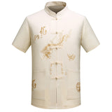Red Black Men's Cotton Shirt Top Traditional Vintage Short Sleeve Kung Fu Tang Suit Men Chinese Dragon Printing Shirts Plus Size - one46.com.au