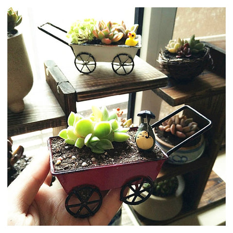 Vintage Iron Plant Pot Home Decoration Accessories Retro Cart Model Figurines Mini Cart Miniature Desktop Props Vase Flower Pot - one46.com.au