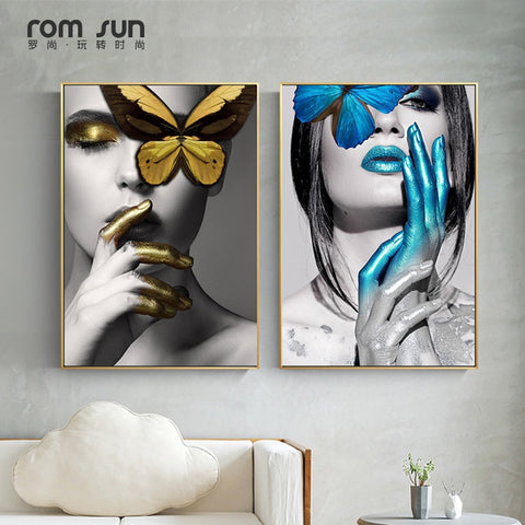 Abstract Wall Art Pictures Fashion Woman butterfly Lips Gold And White Black Modern Home Canvas Painting Beauty Decor Posters - one46.com.au