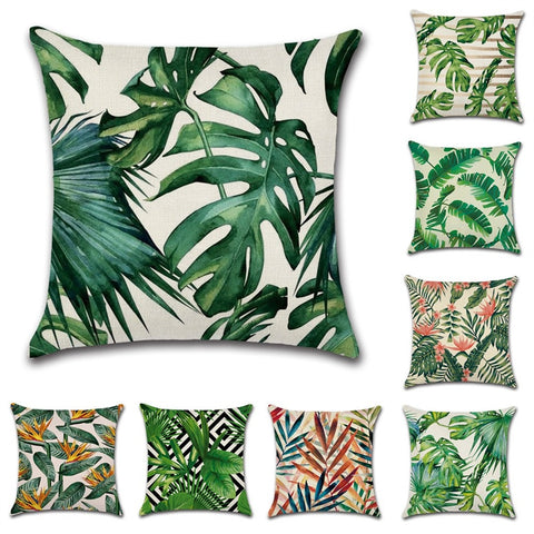 Tropical Plants Palm Leaf Green Leaves Monstera Cushion Covers Hibiscus Flower Cushion Cover Decorative Beige Linen Pillow Case - one46.com.au