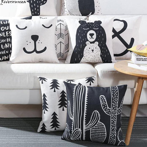 Black And White Cute Bear Cushion Cover Lovely Cartoon Animal Cactus Plant Geometric Pillow Case Nordic Style For Home Chair - one46.com.au