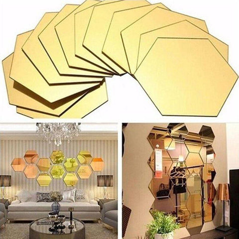 12Pcs 3D Hexagon Acrylic Mirror Wall Stickers DIY Art Wall Decor Stickers Home Decor Living Room Mirrored Decorative Sticker - one46.com.au