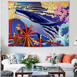 Japan Kanagawa Waves Printed Hanging Tapestry Whale Arowana Wall Hanging Tapestries Boho Bedspread Yoga Mat Blanket 200*148cm - one46.com.au