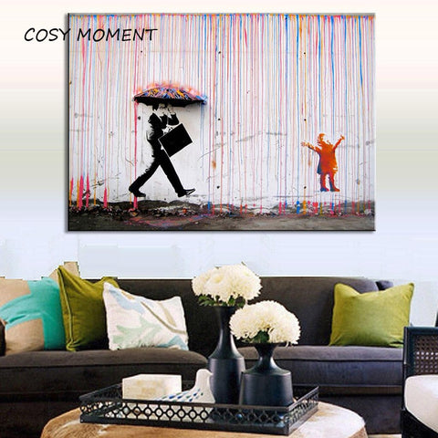 COSY MOMENT Banksy Art Prints Colorful Rain Canvas Painting Banksy Poster Wall Art Painting Decor For Living Room ZS024 - one46.com.au