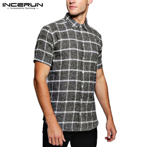 INCERUN NEW Men Tops Plaid Shirts Beach Short Sleeve Social Shirt Dress Fashion Clothes Loose Fit Tropical Vacation Camisa Tee - one46.com.au