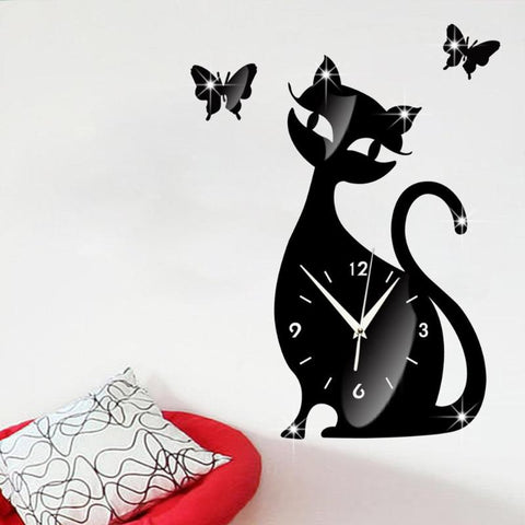 Acrylic Mirror Cute Cat Clock Black Wall Clock Sticker Modern Design Home Art Decor Watch Self-adhesive Christmas Gift - one46.com.au