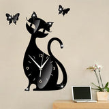 Acrylic Mirror Cute Cat Clock Black Wall Clock Sticker Modern Design Home Art Decor Watch Self-adhesive Christmas Gift - one46.com.au