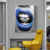 GOODECOR Modern Poster Art Sexy Blue Lips Diamond Bite Print Wall Oil Painting Canvas Picture Living Room Bar Office Home Decor - one46.com.au
