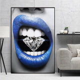 GOODECOR Modern Poster Art Sexy Blue Lips Diamond Bite Print Wall Oil Painting Canvas Picture Living Room Bar Office Home Decor - one46.com.au