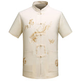 Red Black Men's Cotton Shirt Top Traditional Vintage Short Sleeve Kung Fu Tang Suit Men Chinese Dragon Printing Shirts Plus Size - one46.com.au