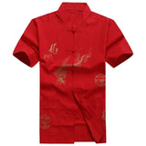 Red Black Men's Cotton Shirt Top Traditional Vintage Short Sleeve Kung Fu Tang Suit Men Chinese Dragon Printing Shirts Plus Size - one46.com.au