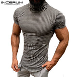 Masculina Muscle Tee Men Tshirts Plain Striped Summer Clothes High Neck T Shirts Short Sleeve Slim Hombre Joggers 5XL Streetwear - one46.com.au