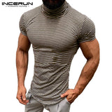 Masculina Muscle Tee Men Tshirts Plain Striped Summer Clothes High Neck T Shirts Short Sleeve Slim Hombre Joggers 5XL Streetwear - one46.com.au
