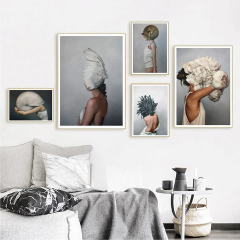 Women Portrait Posters Prints With Flowers Feather Oil Painting Wall Art Canvas Pictures Home Living Room Modern Decoration - one46.com.au