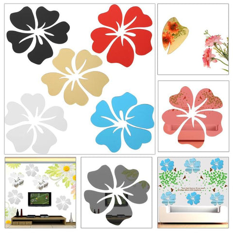 5Pcs Acrylic Mirror Wall Stickers DIY Home Art Stickers for Living Room TV Background Decoration Hibiscus Flower Decals - one46.com.au