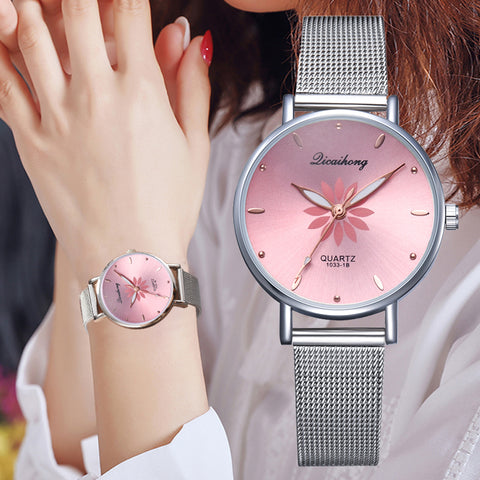 Women's Wristwatches Luxury Silver Popular Pink Dial Flowers Metal Ladies Bracelet Quartz Clock Fashion Wrist Watch 2019 Top - one46.com.au