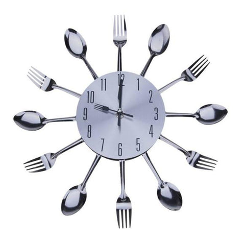 Modern Design Wall Clock Sliver Cutlery Kitchen Wall Clock Spoon Fork Living Room Home Decoration Mirror Clock - one46.com.au