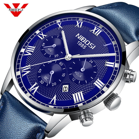 NIBOSI Business Blue Watch Men Waterproof Calendar Analogue Quartz Watches Men Genuine Leather Watch For Men Relogio Masculino - one46.com.au