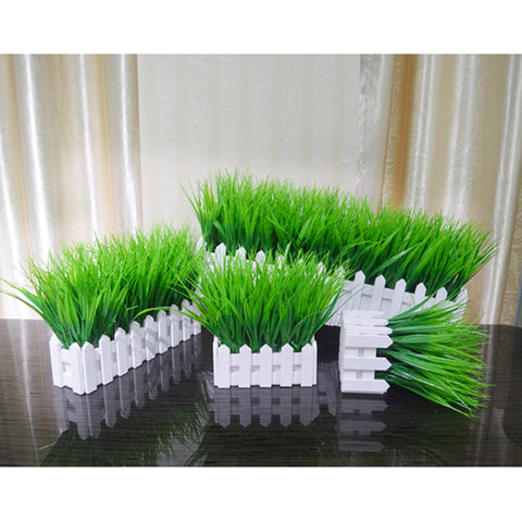 Fake Plant Pot Decoration Artificial Grass White Wooden Fence Potted Decoration  E2S - one46.com.au