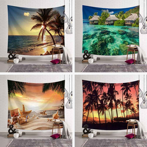 Tropical Palm Tree Leaves Tapestry Wall Hanging Seaside Sunset Landscape Tapestries Yoga Beach Towel Bohemian Decor for Home - one46.com.au