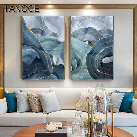 Abstract Blue Gold Foil Annual Ring Canvas Art Modern Blue and Gold Poster Luxury Wall Picture for Living Room 3D Place Tableau - one46.com.au