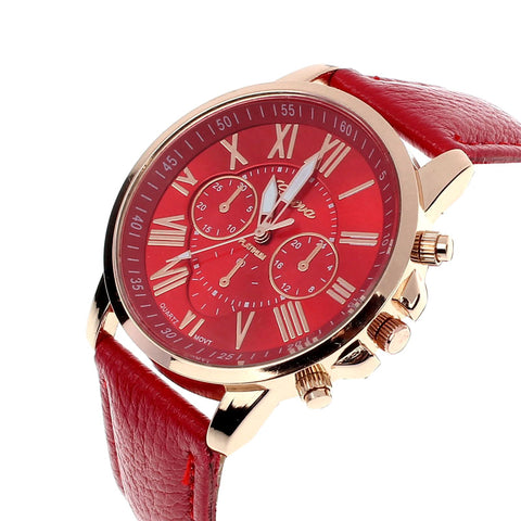 Luxury Fashion Casual Gold Red Women Watches Faux Leather Women's Geneva Roman Numerals Faux Leather 2019 Analog Quartz Watch Q - one46.com.au