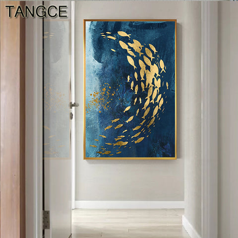 Abstract Gold Fish Chinese Canvas Painting Big Blue Poster Print Luxurious Wall Art For Living room Aisle Gold tableaux Picture - one46.com.au