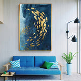Abstract Gold Fish Chinese Canvas Painting Big Blue Poster Print Luxurious Wall Art For Living room Aisle Gold tableaux Picture - one46.com.au