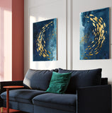 Abstract Gold Fish Chinese Canvas Painting Big Blue Poster Print Luxurious Wall Art For Living room Aisle Gold tableaux Picture - one46.com.au