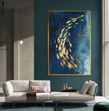 Abstract Gold Fish Chinese Canvas Painting Big Blue Poster Print Luxurious Wall Art For Living room Aisle Gold tableaux Picture - one46.com.au