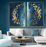 Abstract Gold Fish Chinese Canvas Painting Big Blue Poster Print Luxurious Wall Art For Living room Aisle Gold tableaux Picture - one46.com.au