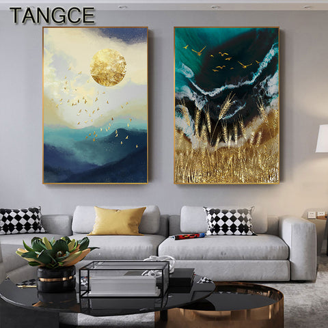 Abstract Gold Field Sun Canvas Painting Golden Foil Poster Print Big Wall Art for Living room Tableaux Cuadros Salon Decoracion - one46.com.au