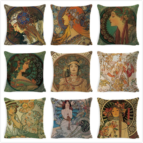 Vintage European Cushion Cover Art Nouveau Mucha Gallery Cushion Case Home Decorative Beautiful Girl Pattern Linen Pillowcase - one46.com.au