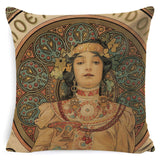Vintage European Cushion Cover Art Nouveau Mucha Gallery Cushion Case Home Decorative Beautiful Girl Pattern Linen Pillowcase - one46.com.au