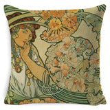 Vintage European Cushion Cover Art Nouveau Mucha Gallery Cushion Case Home Decorative Beautiful Girl Pattern Linen Pillowcase - one46.com.au