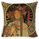 Vintage European Cushion Cover Art Nouveau Mucha Gallery Cushion Case Home Decorative Beautiful Girl Pattern Linen Pillowcase - one46.com.au