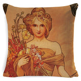 Vintage European Cushion Cover Art Nouveau Mucha Gallery Cushion Case Home Decorative Beautiful Girl Pattern Linen Pillowcase - one46.com.au