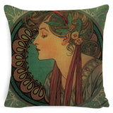 Vintage European Cushion Cover Art Nouveau Mucha Gallery Cushion Case Home Decorative Beautiful Girl Pattern Linen Pillowcase - one46.com.au