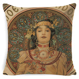 Vintage European Cushion Cover Art Nouveau Mucha Gallery Cushion Case Home Decorative Beautiful Girl Pattern Linen Pillowcase - one46.com.au