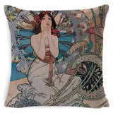 Vintage European Cushion Cover Art Nouveau Mucha Gallery Cushion Case Home Decorative Beautiful Girl Pattern Linen Pillowcase - one46.com.au
