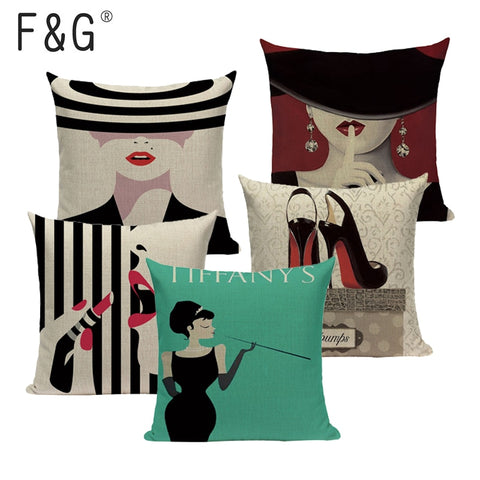 Fashion Women Cushion Cover Linen Girl Printing Throw Pillow Case Black Striped Romantic Red Wine Decorative Pillow Cover - one46.com.au