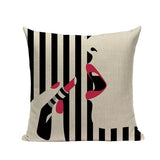 Fashion Women Cushion Cover Linen Girl Printing Throw Pillow Case Black Striped Romantic Red Wine Decorative Pillow Cover - one46.com.au