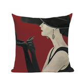Fashion Women Cushion Cover Linen Girl Printing Throw Pillow Case Black Striped Romantic Red Wine Decorative Pillow Cover - one46.com.au
